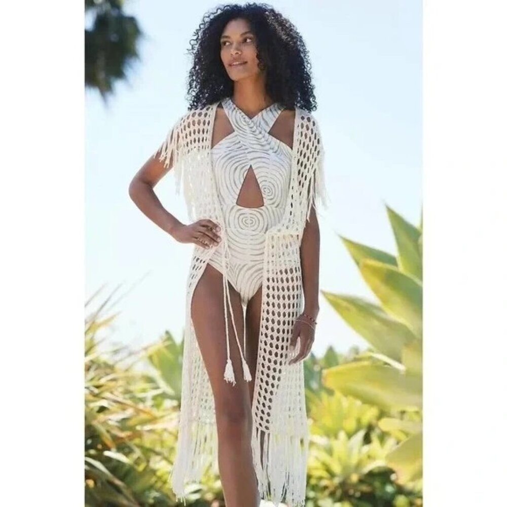Anthropologie Ivory Knit Crochet Fringed Swim Cover Up One Size